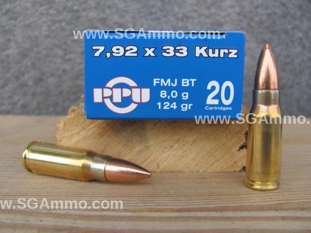 20 Round Box - 7.92x33 Kurz Ammo For Sale - 124 Grain FMJ - Made by Prvi Partizan - PP7K